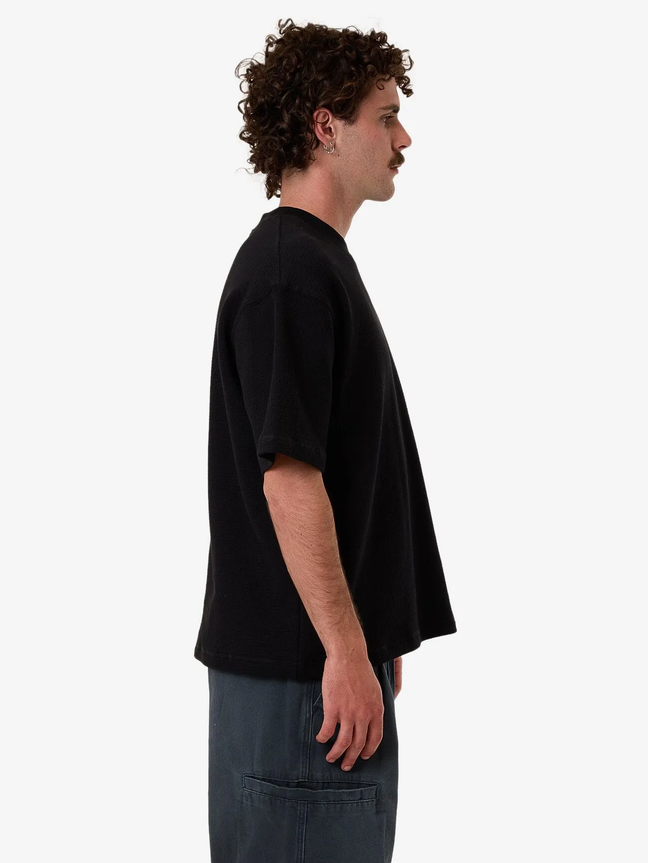 Arts & Industrial Box Fit Oversize Short Waffle Tee - Black