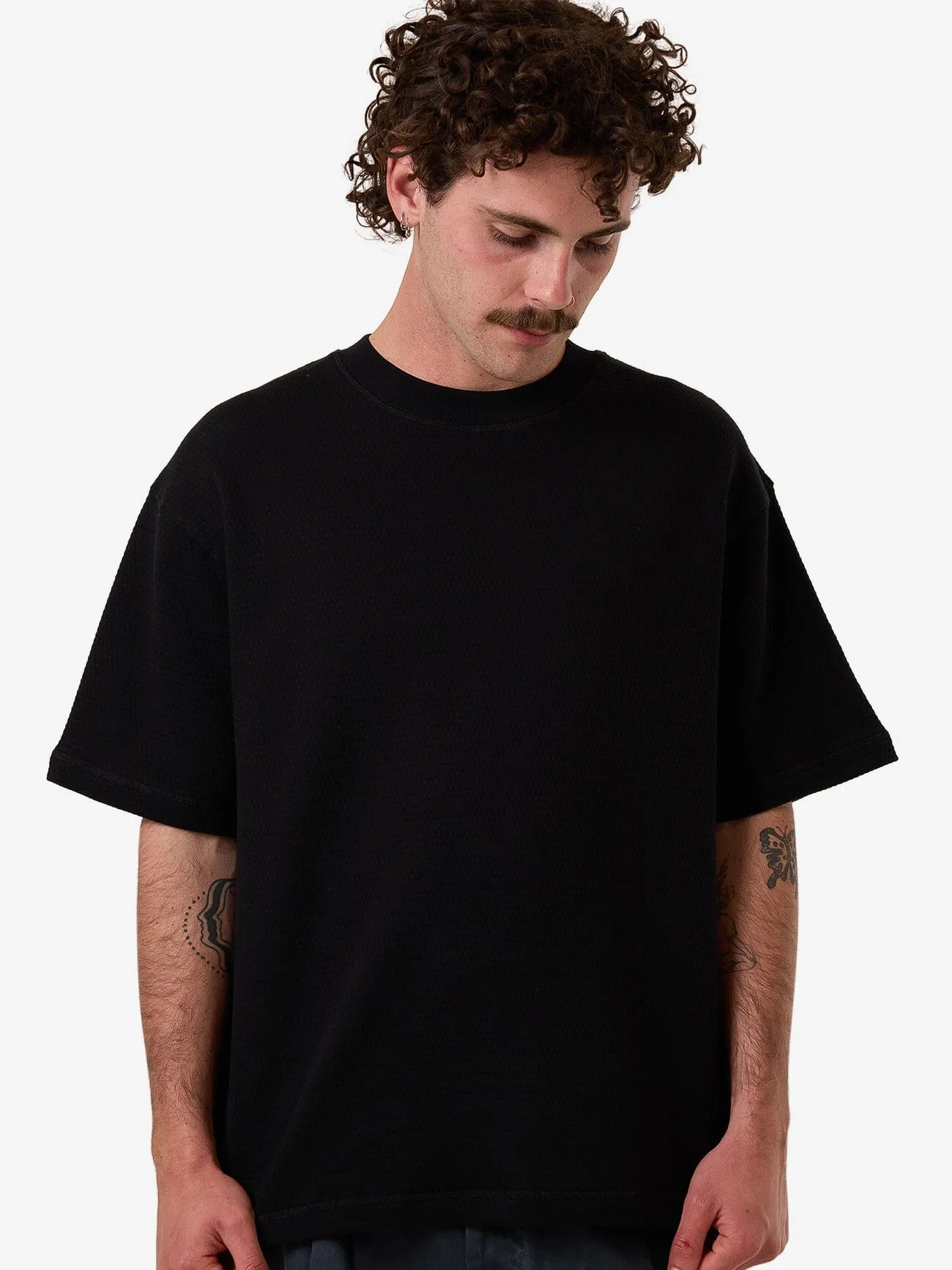 Arts & Industrial Box Fit Oversize Short Waffle Tee - Black