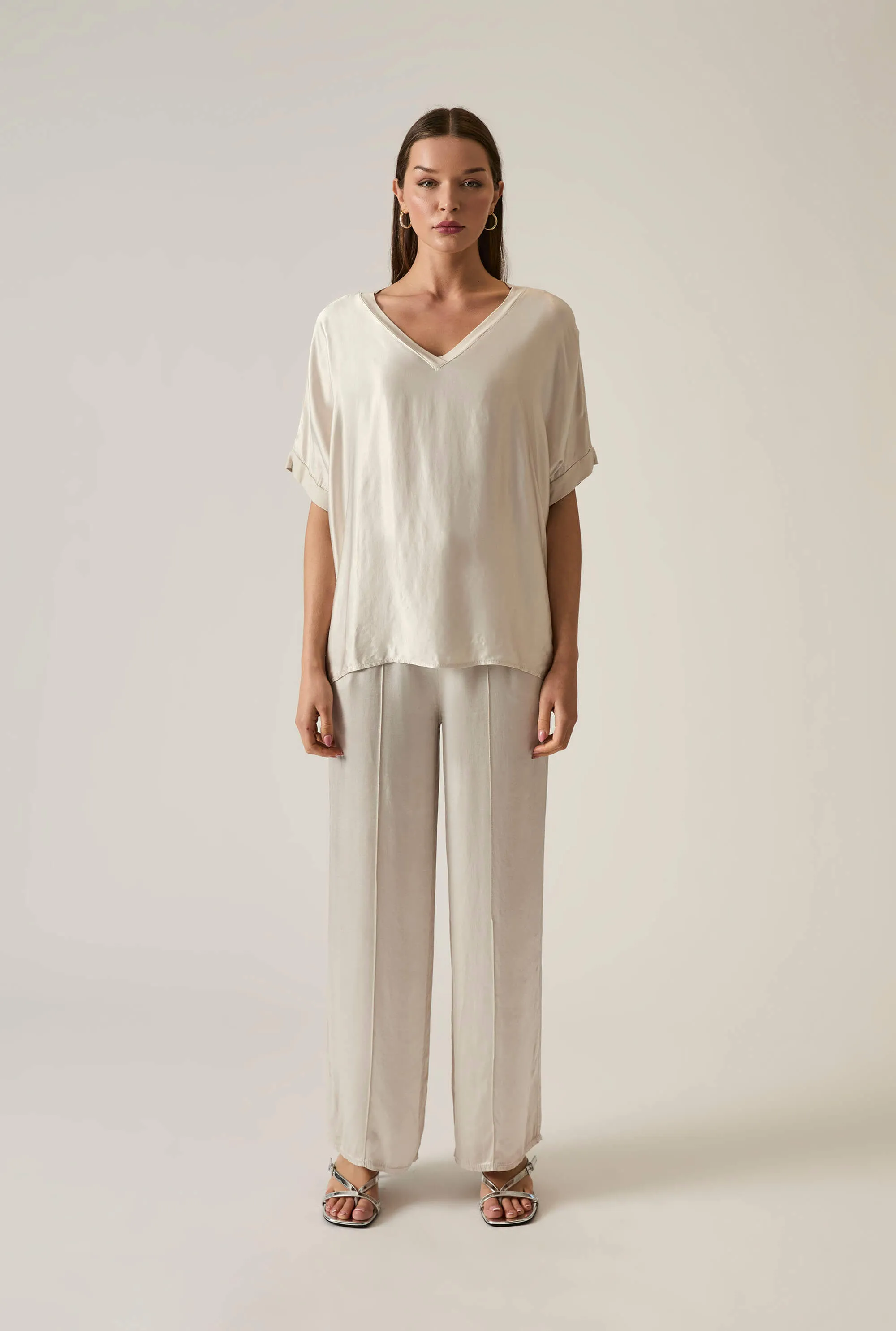 Beige Satin Short-Sleeve Top