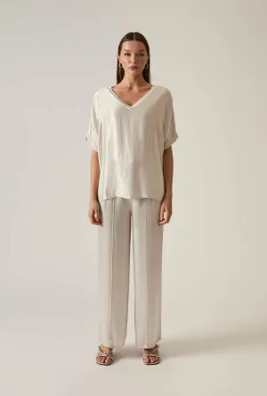 Beige Satin Short-Sleeve Top