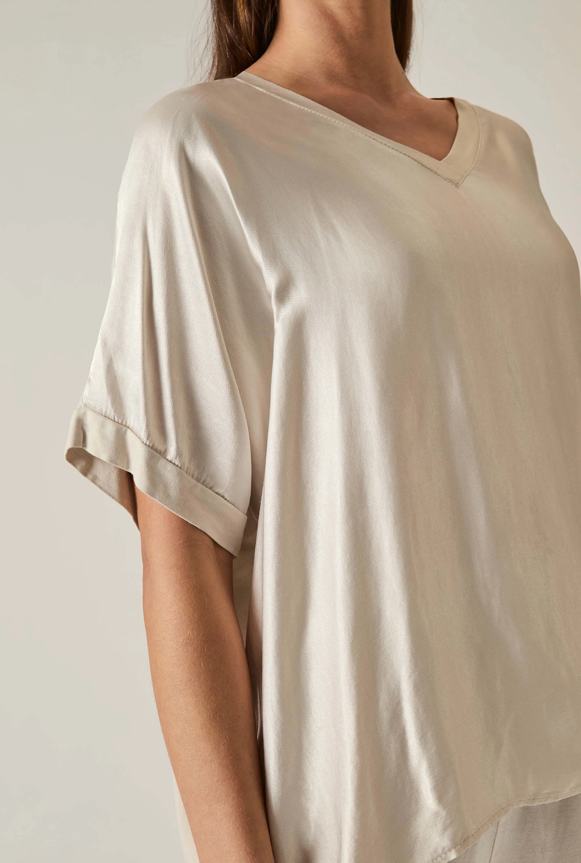 Beige Satin Short-Sleeve Top