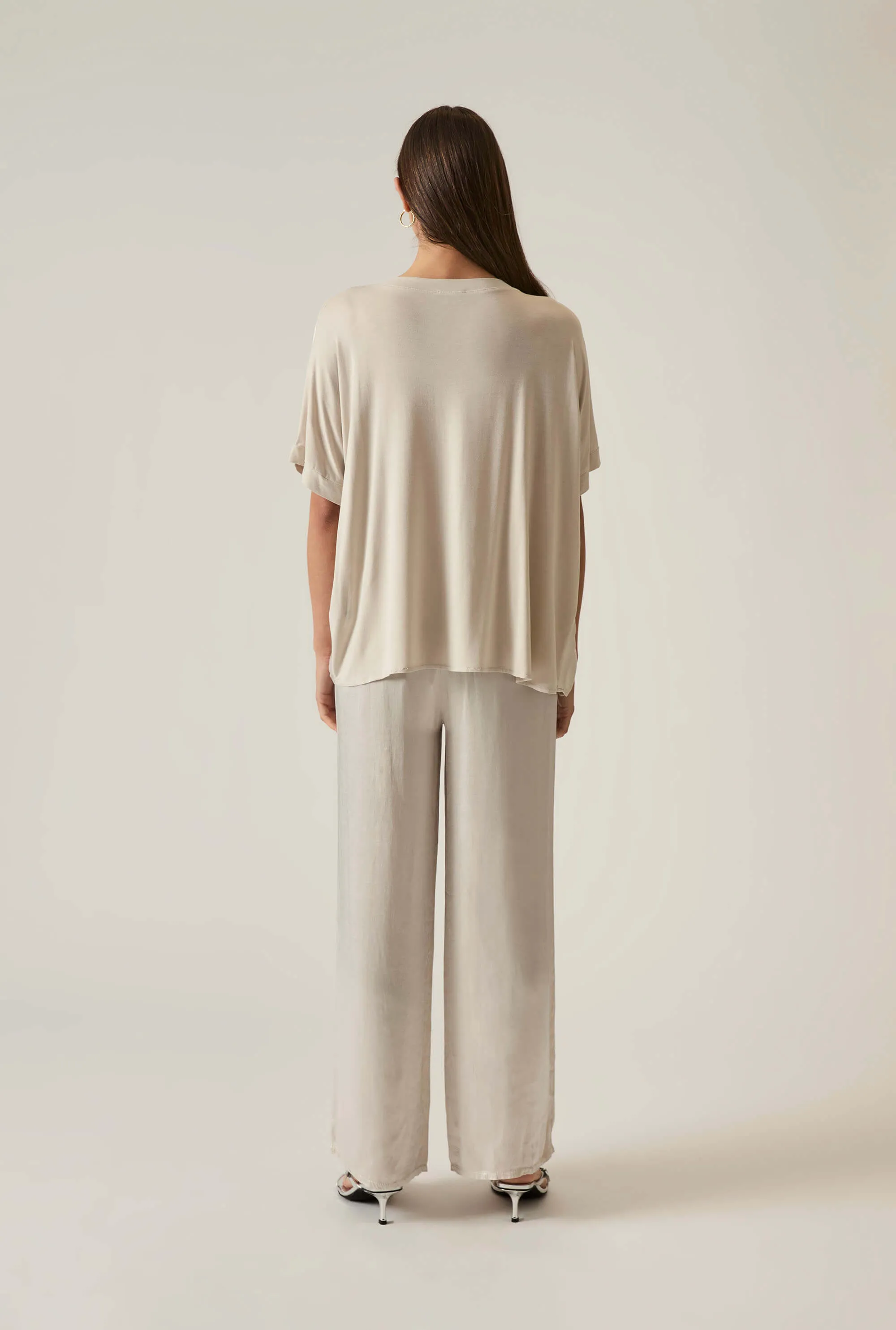 Beige Satin Short-Sleeve Top
