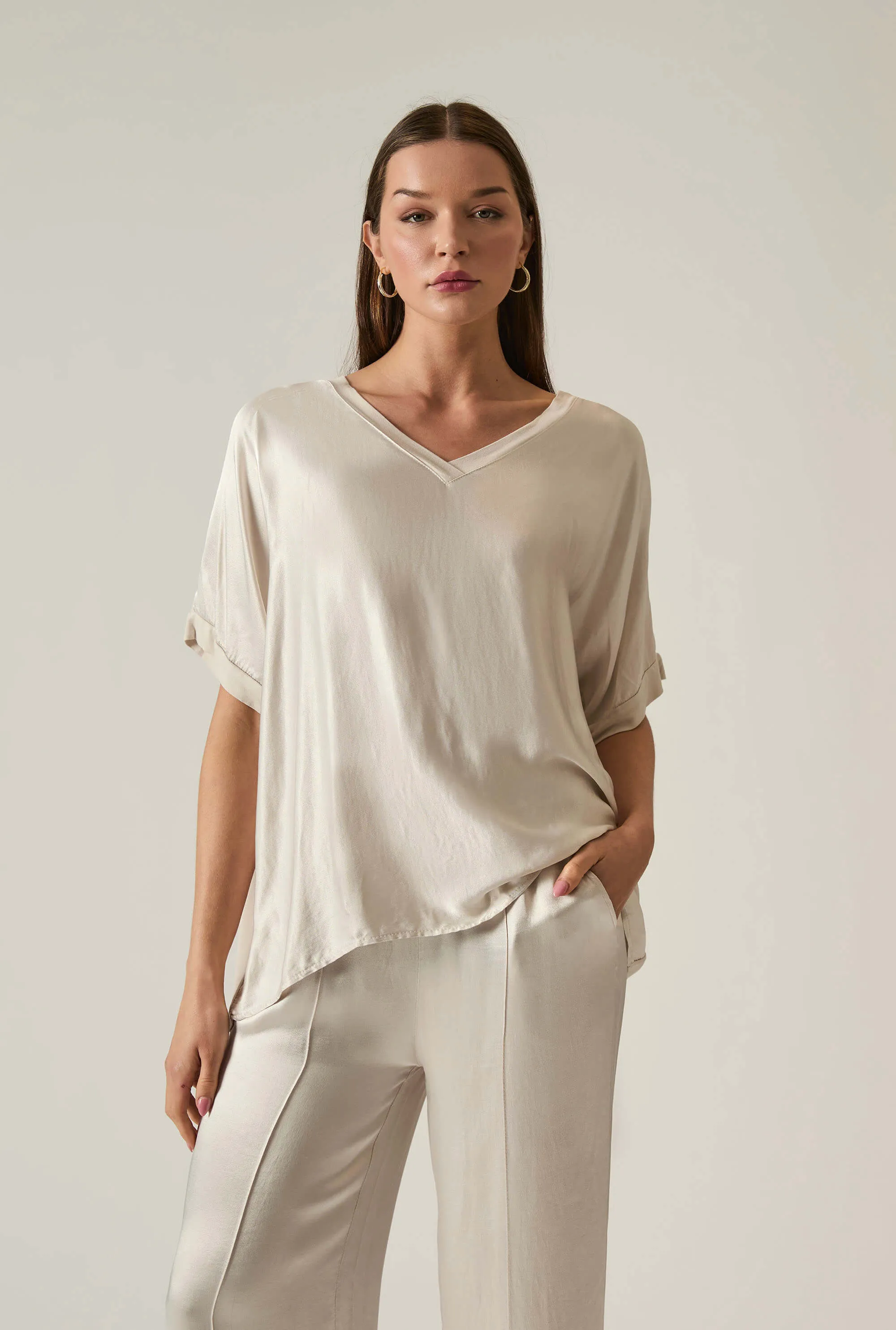 Beige Satin Short-Sleeve Top