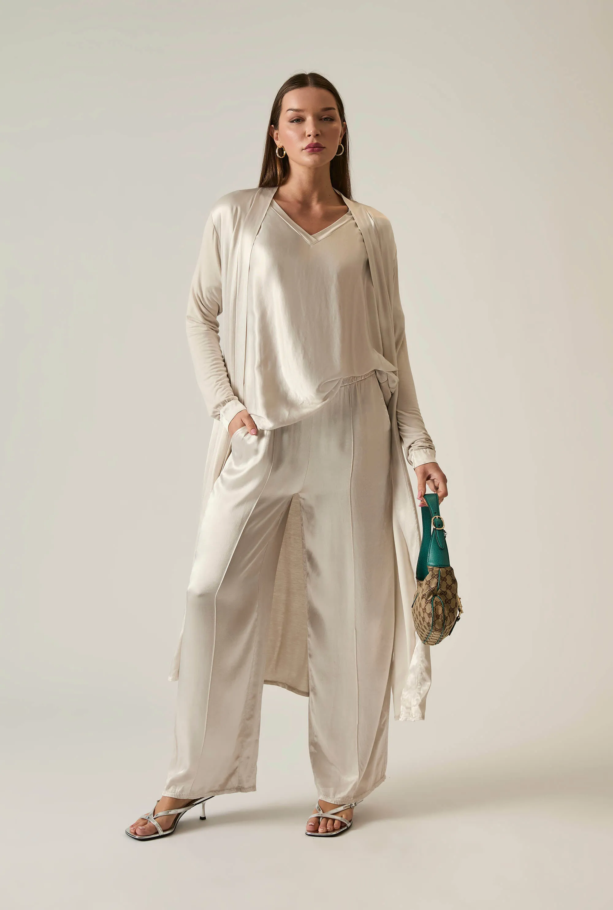Beige Satin Short-Sleeve Top
