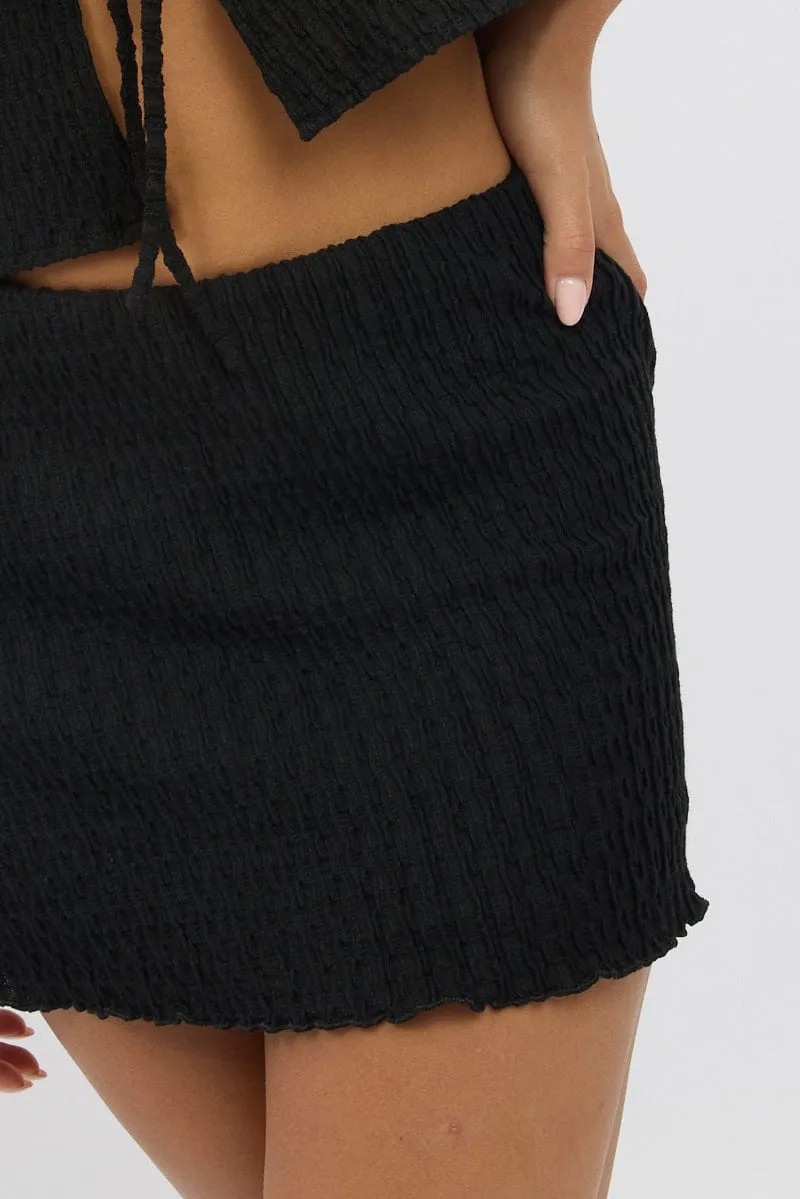 Black Mini Skirt Elasticated Waist Textured Lined