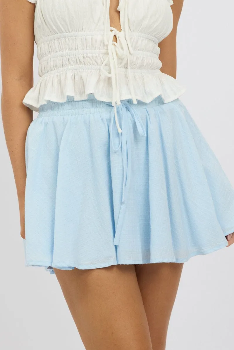 Blue Mini Skirt Elastic Waist Volume Textured Cotton