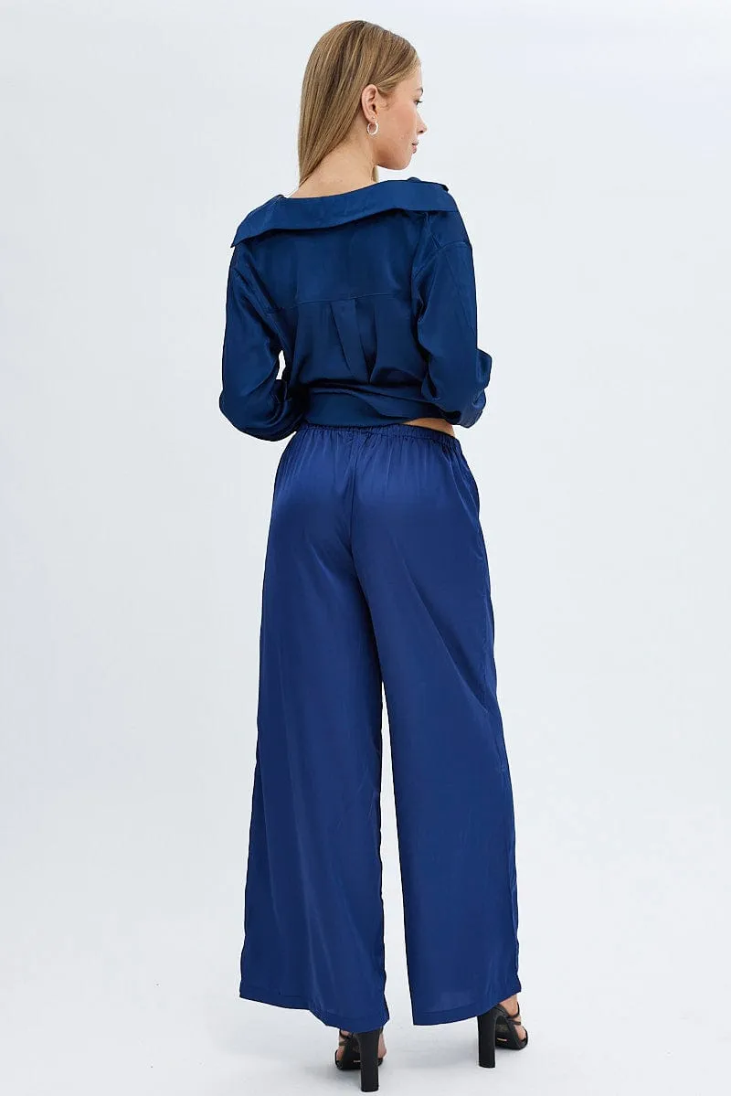 Blue Wide Leg Pants High Rise