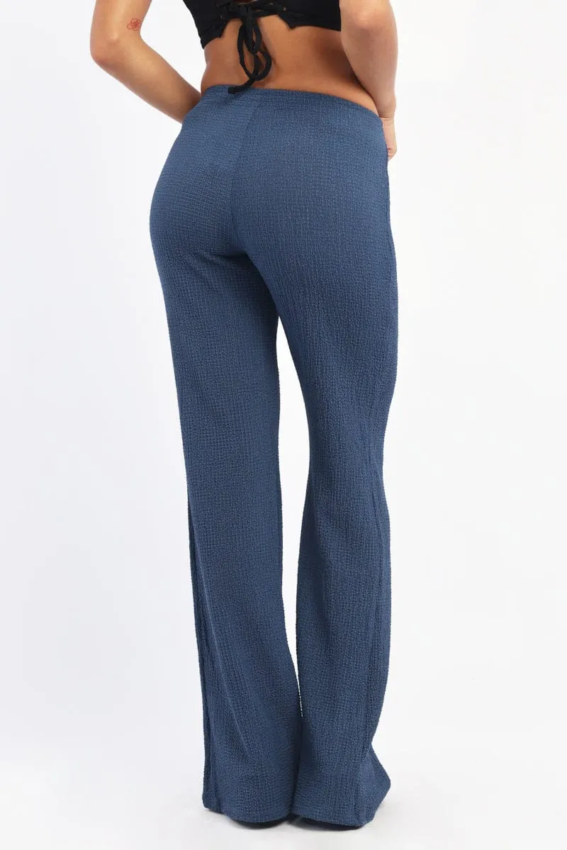 Blue Wide Leg Pants Textured Fabric