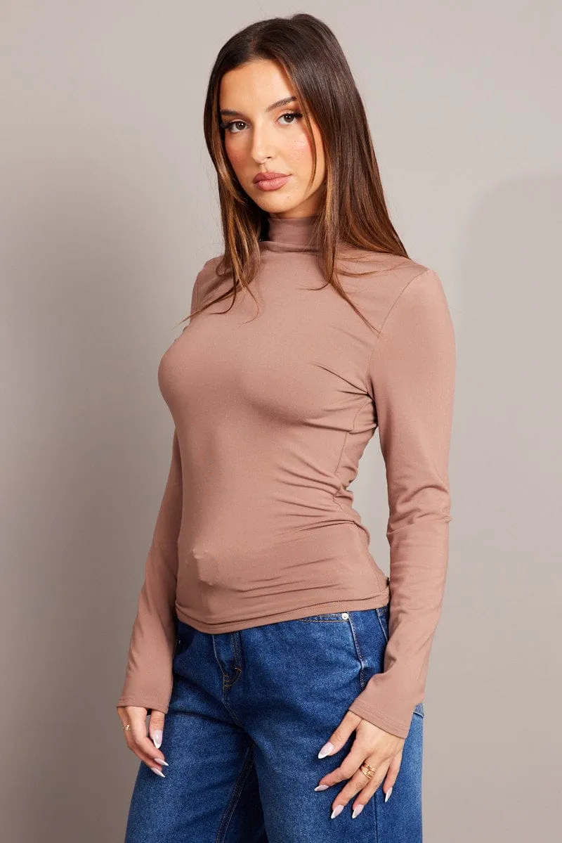 Brown Fleece Top Long Sleeve High Neck