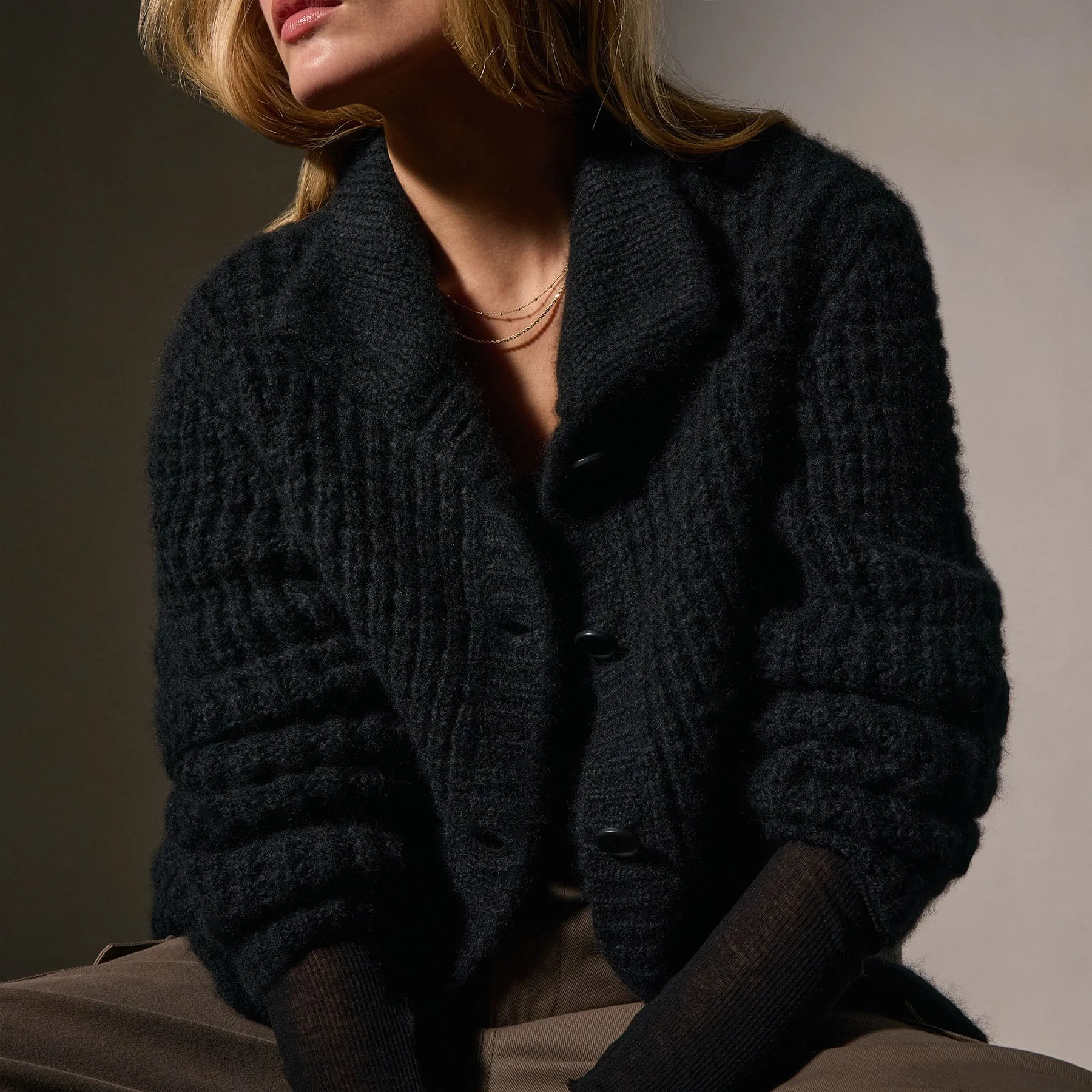 Cashmere Chunky Waffle Cardigan - True Black