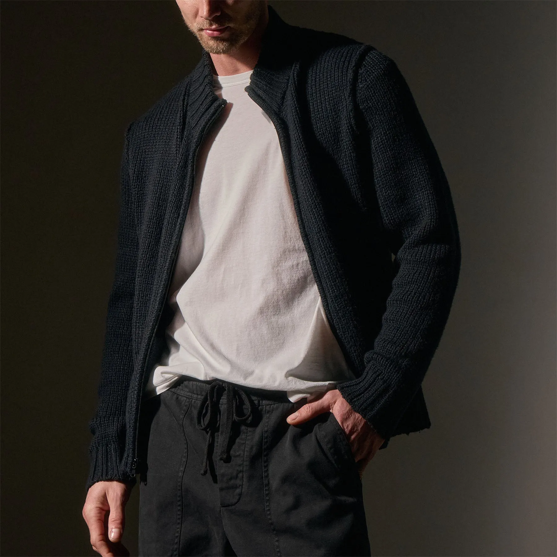 Cotton Knit Zip Up Sweater - Black