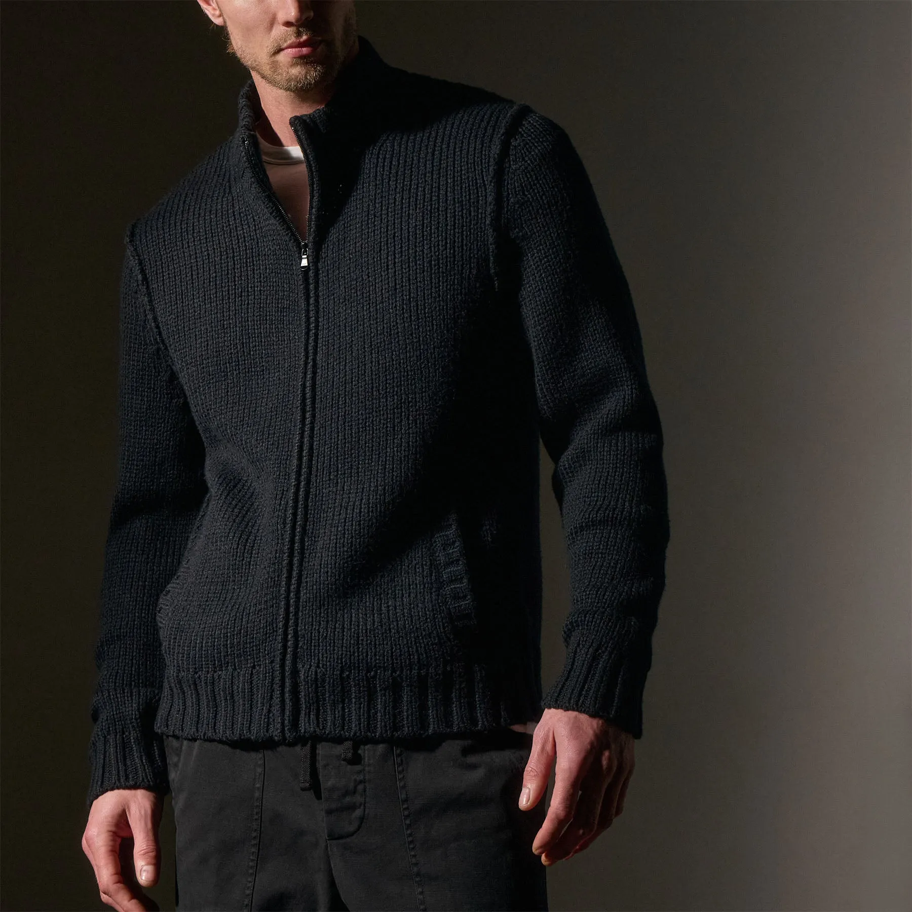 Cotton Knit Zip Up Sweater - Black