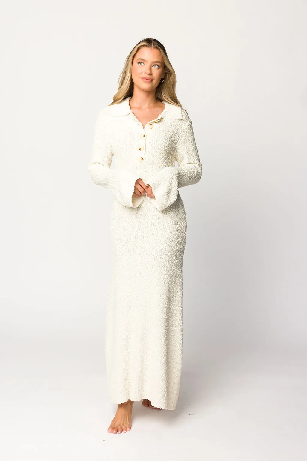 Courtney Boucle Maxi Shirt Dress in Cream- Nursing Friendly