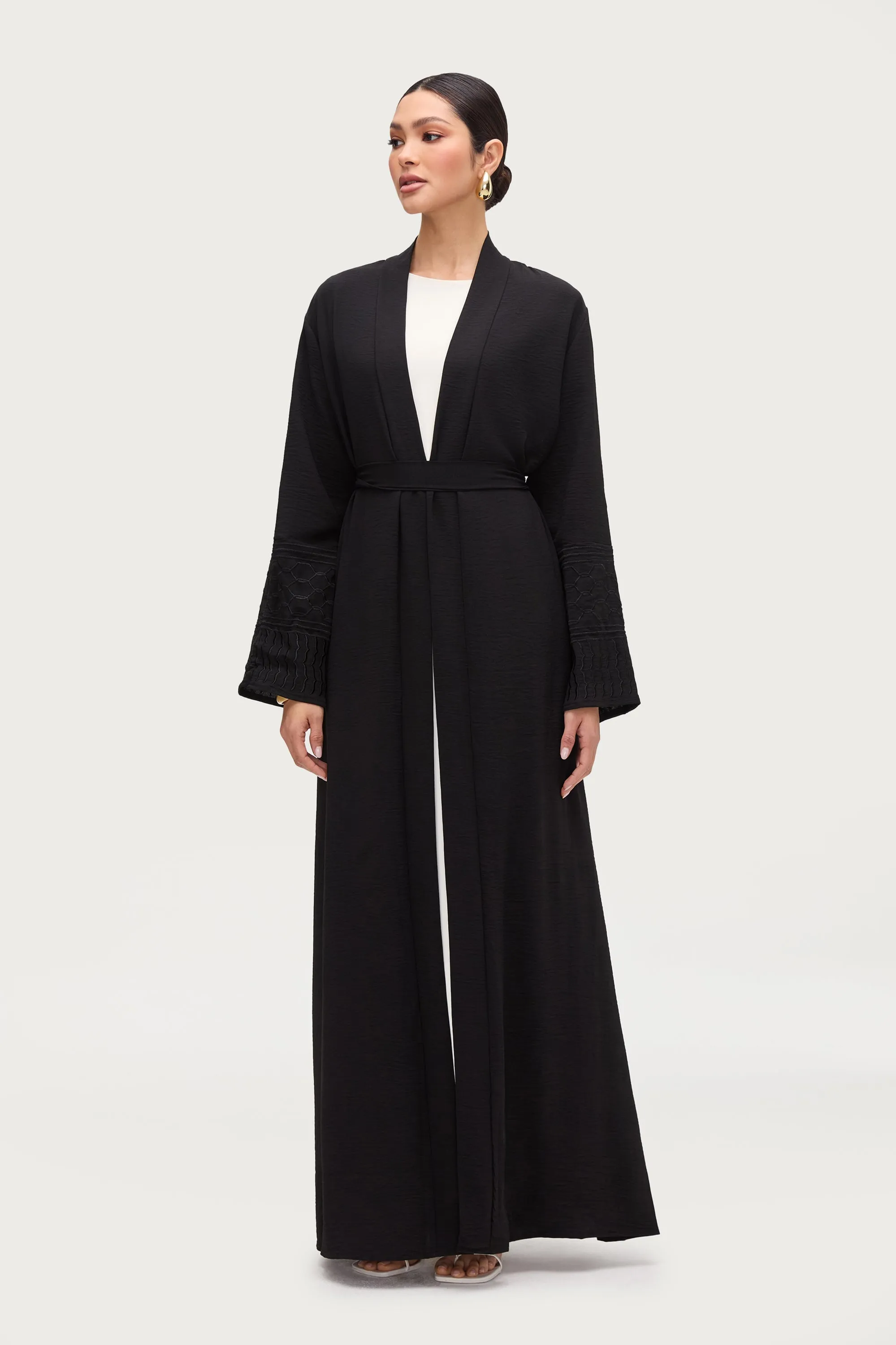 Dima Embroidered Open Abaya - Black