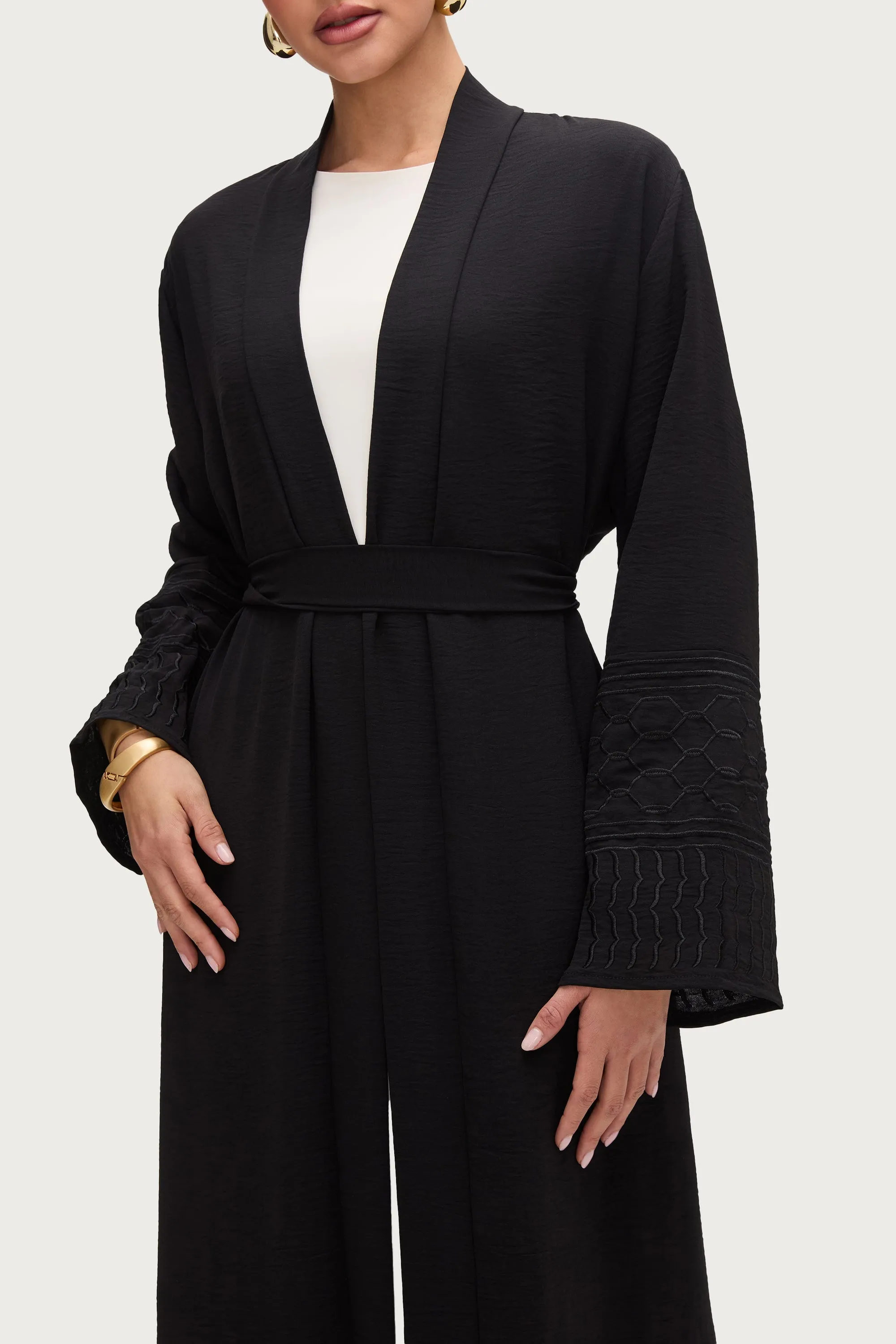 Dima Embroidered Open Abaya - Black