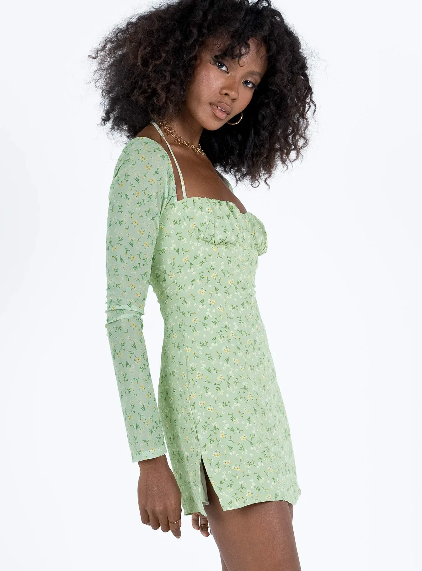 Dyer Sheer Sleeve Mini Dress Green Floral