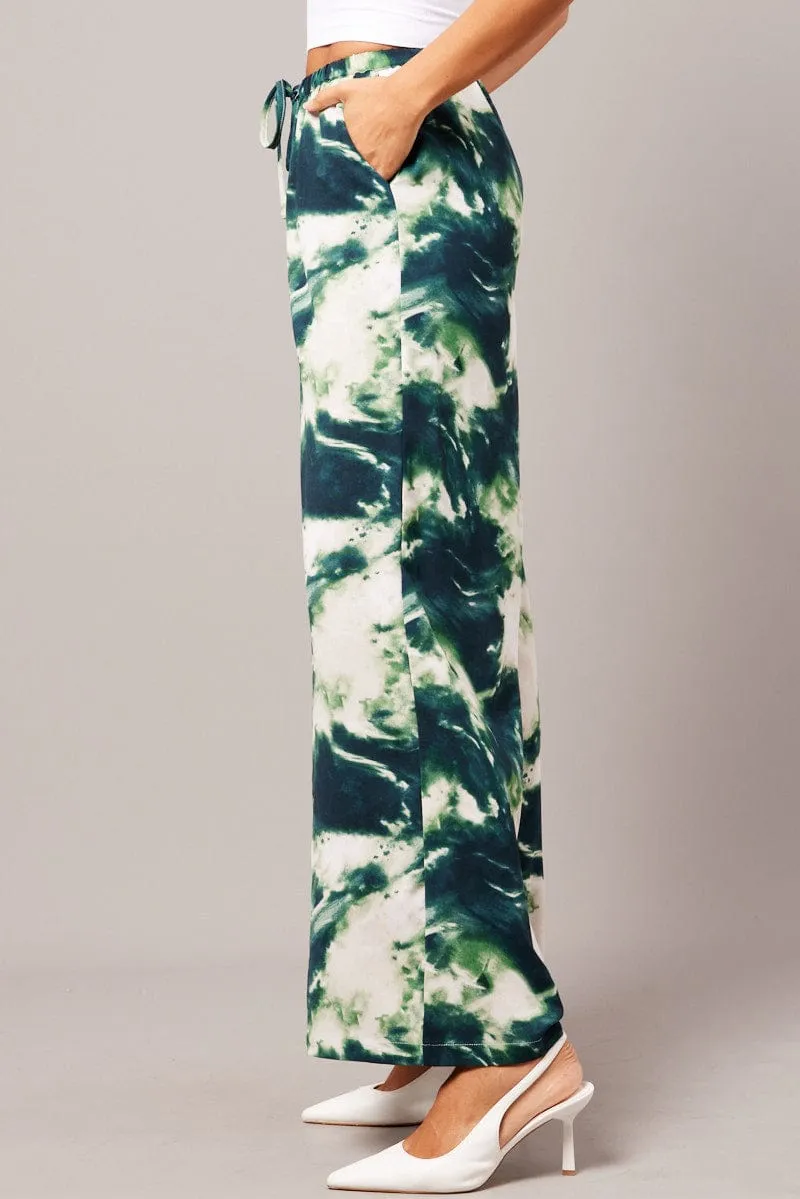 Green Abstract Wide Leg Pants Mid Rise