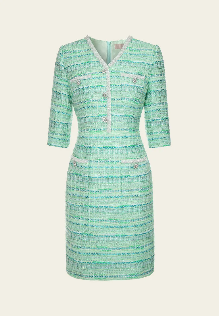 Lime Green Beaded-Trim Embellished-Button slim-fit Dress