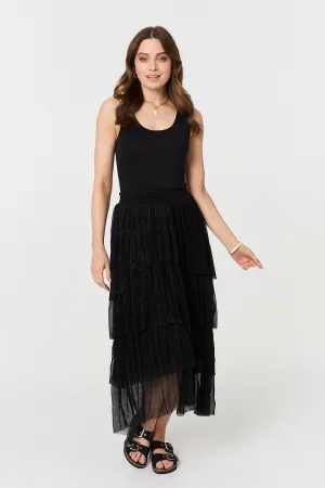Metallic Textured Tiered Midi Skirt