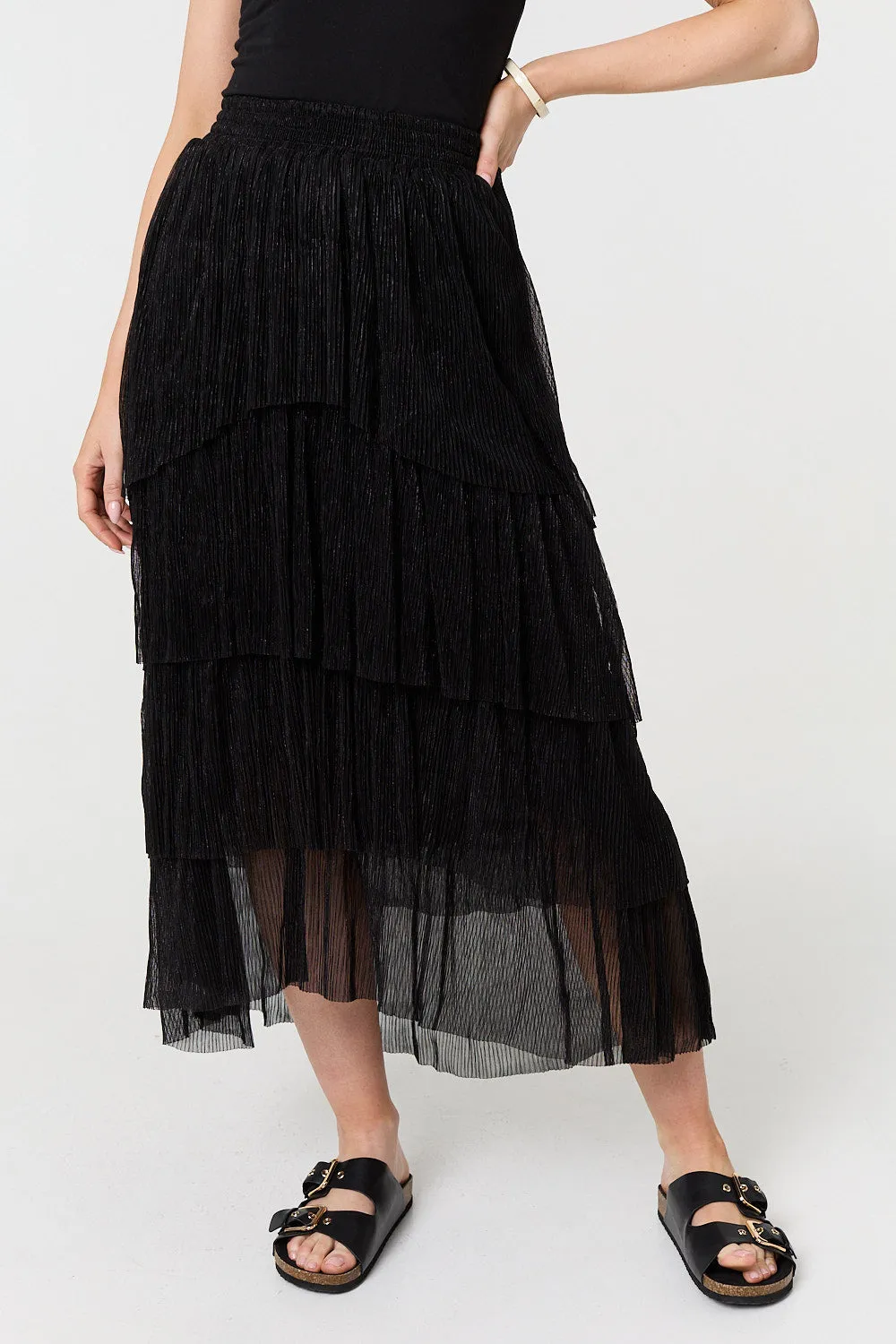 Metallic Textured Tiered Midi Skirt
