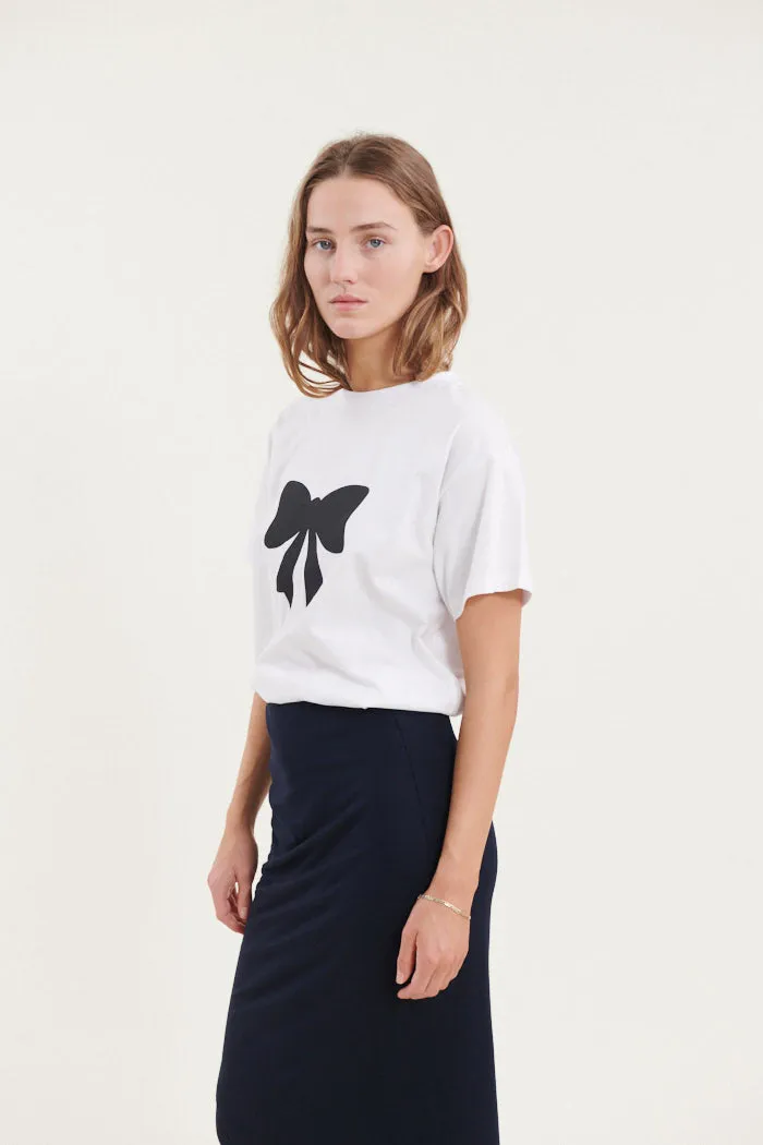 Rikke Bow Tee - White w. black print