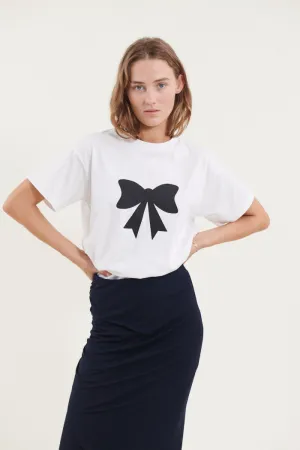 Rikke Bow Tee - White w. black print