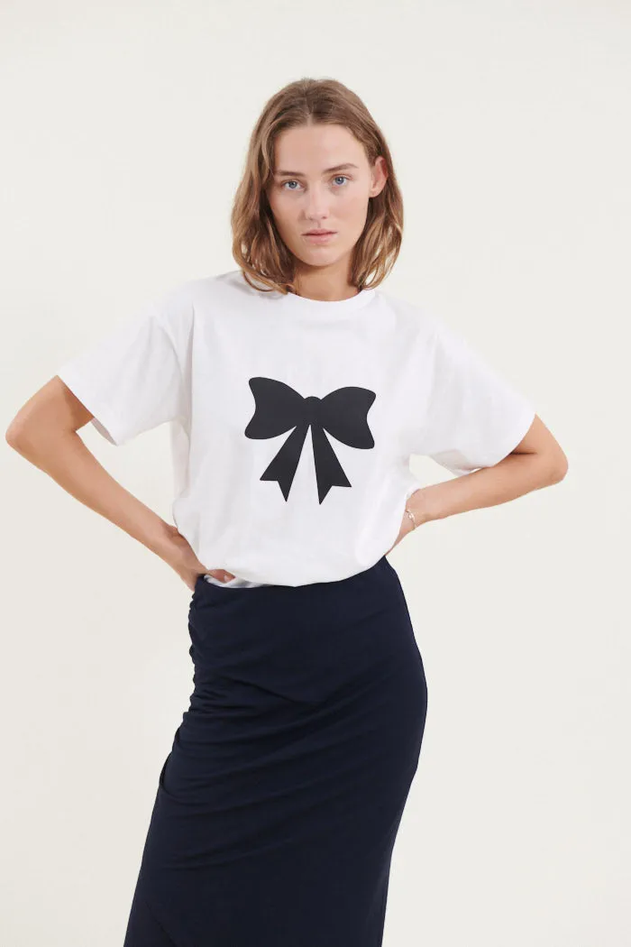 Rikke Bow Tee - White w. black print