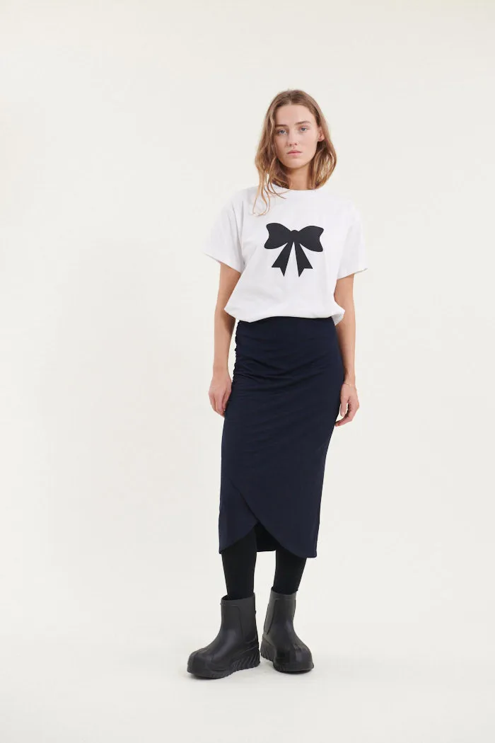 Rikke Bow Tee - White w. black print
