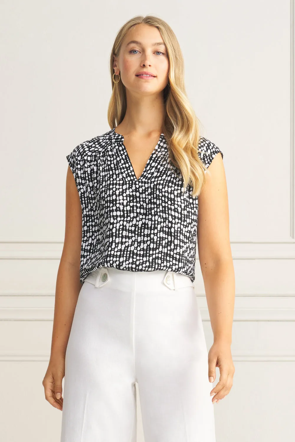 V-Neck Crepe Top - Broken Spot Print