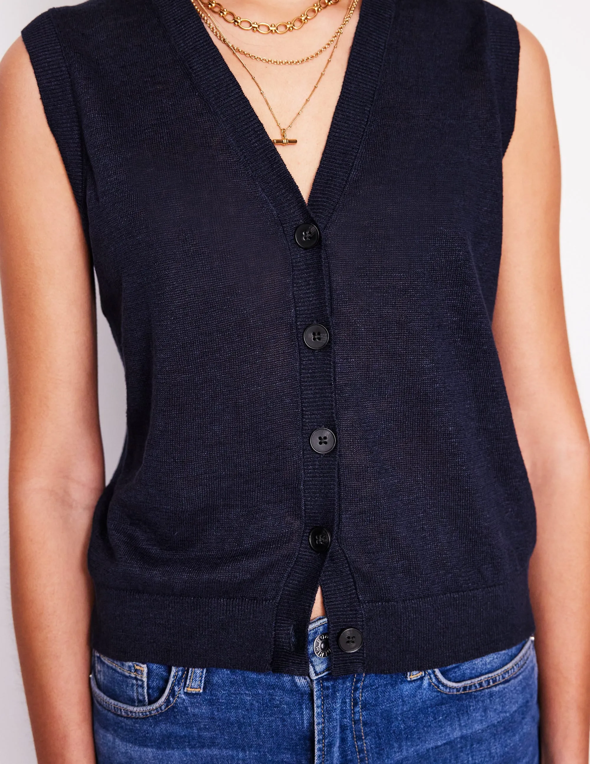 V-Neck Linen Waistcoat-Navy