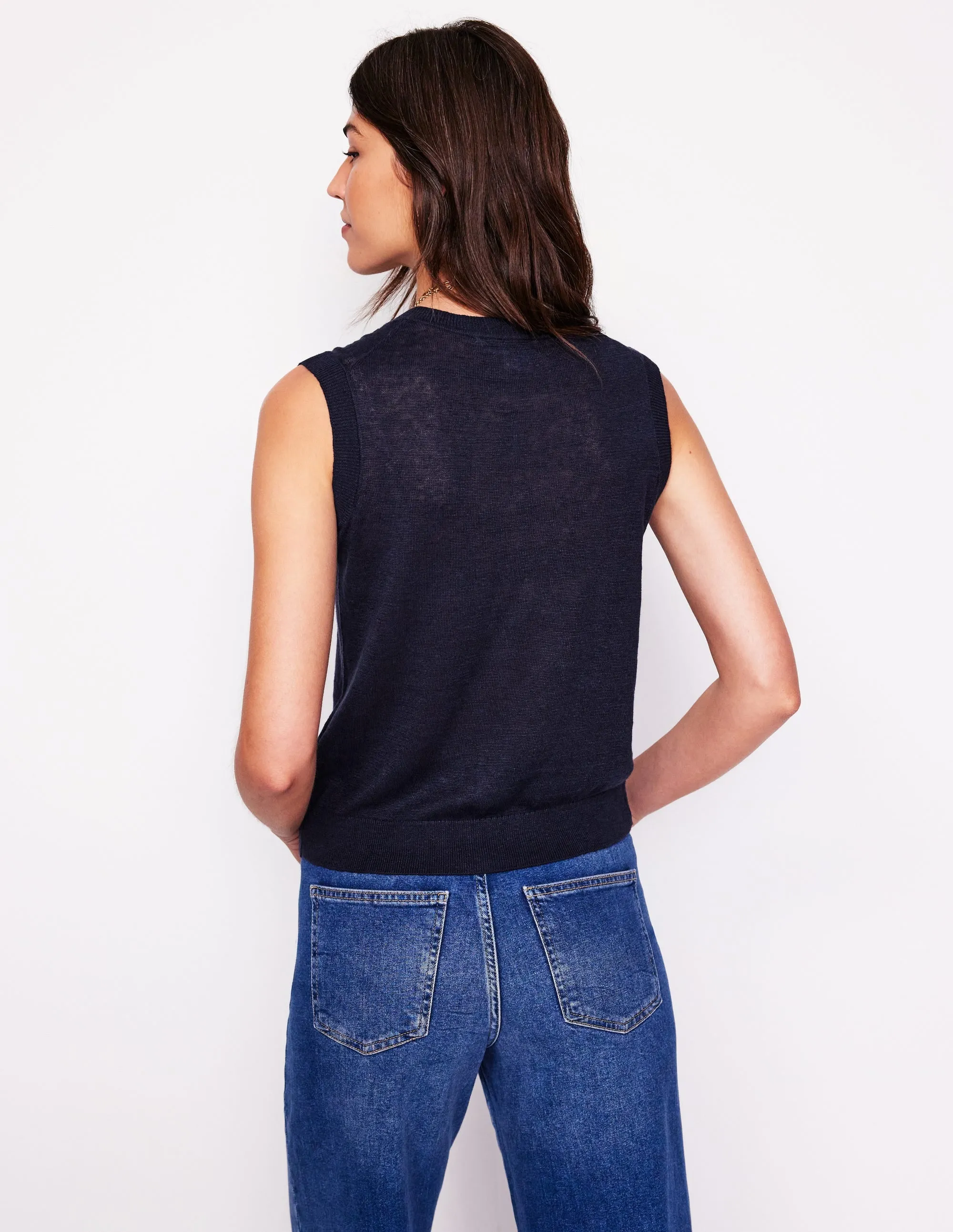 V-Neck Linen Waistcoat-Navy