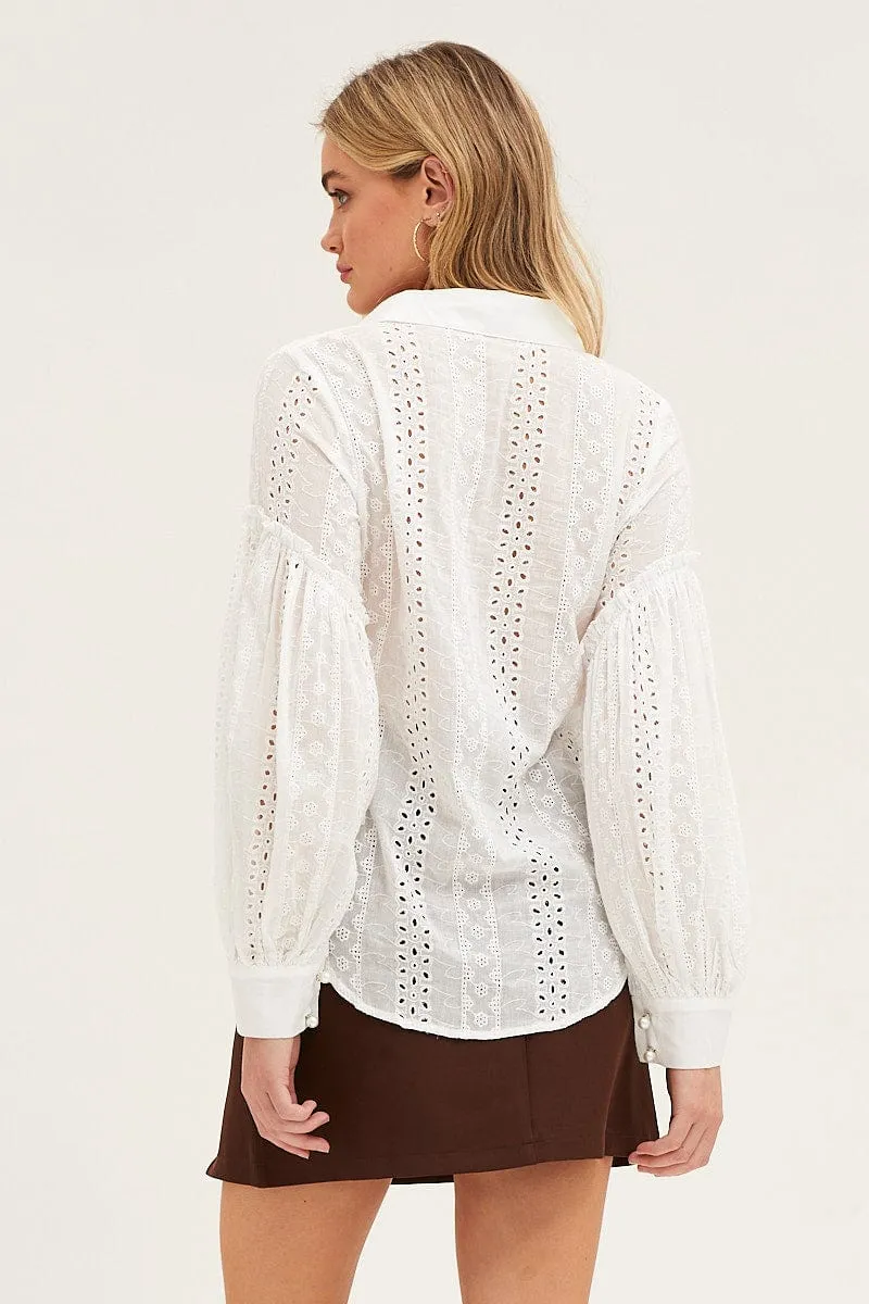 White Balloon Sleeve Eyelet Shirt
