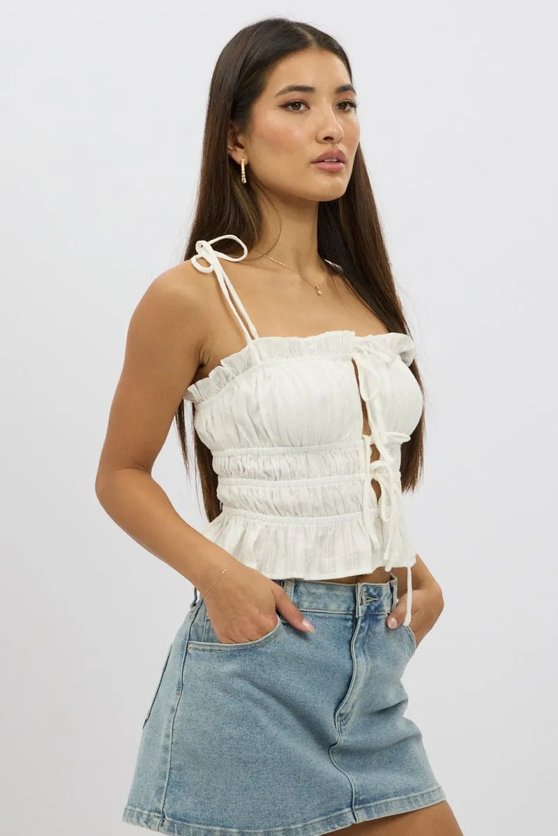 White Cami Top Sleeveless Tie Front Textured
