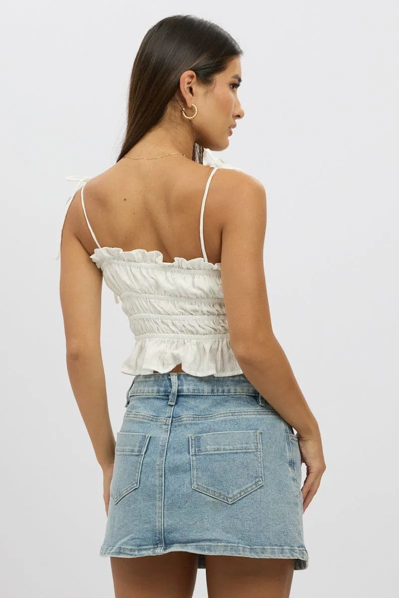 White Cami Top Sleeveless Tie Front Textured