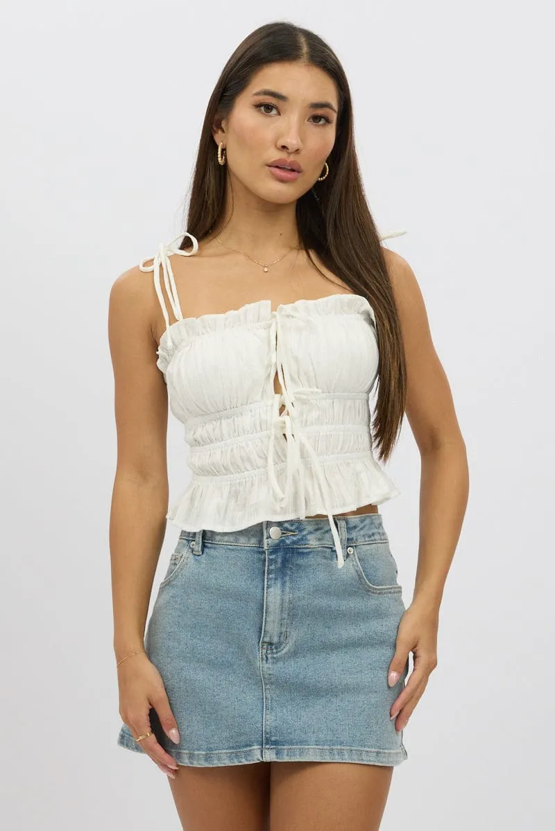 White Cami Top Sleeveless Tie Front Textured