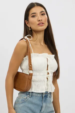 White Cami Top Sleeveless Tie Front Textured