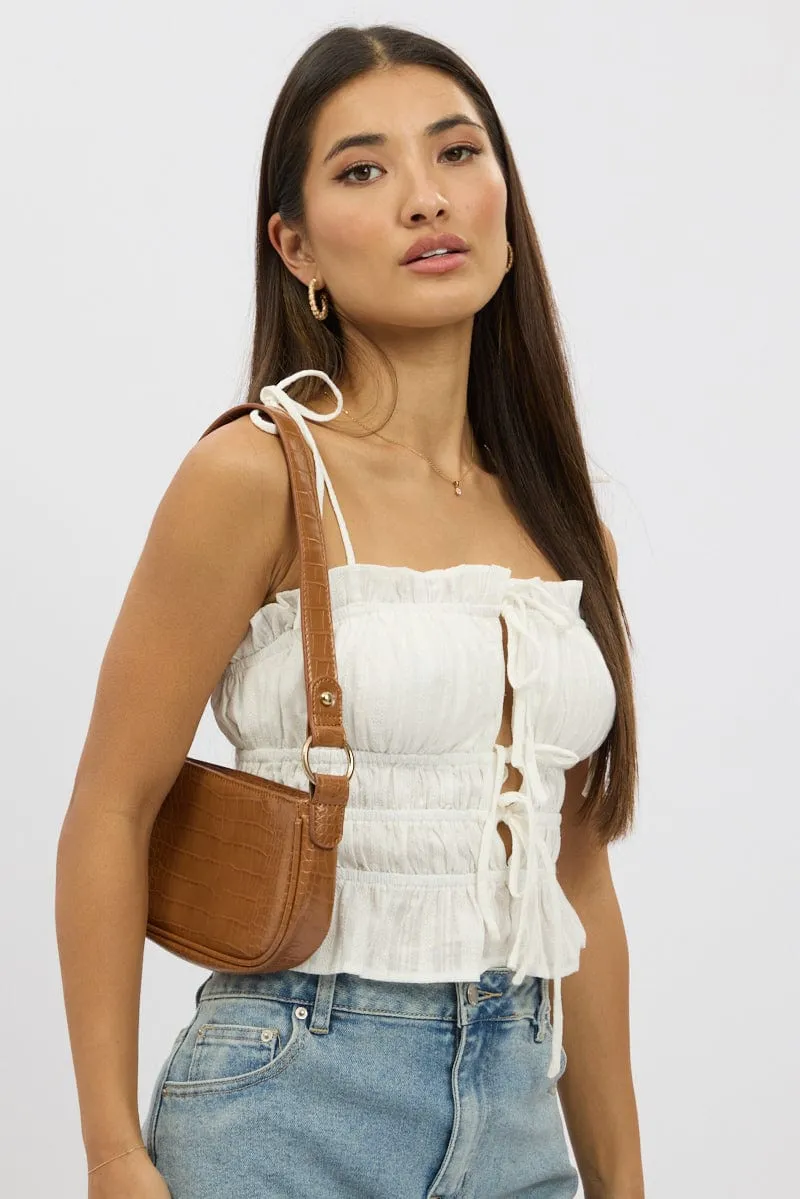 White Cami Top Sleeveless Tie Front Textured