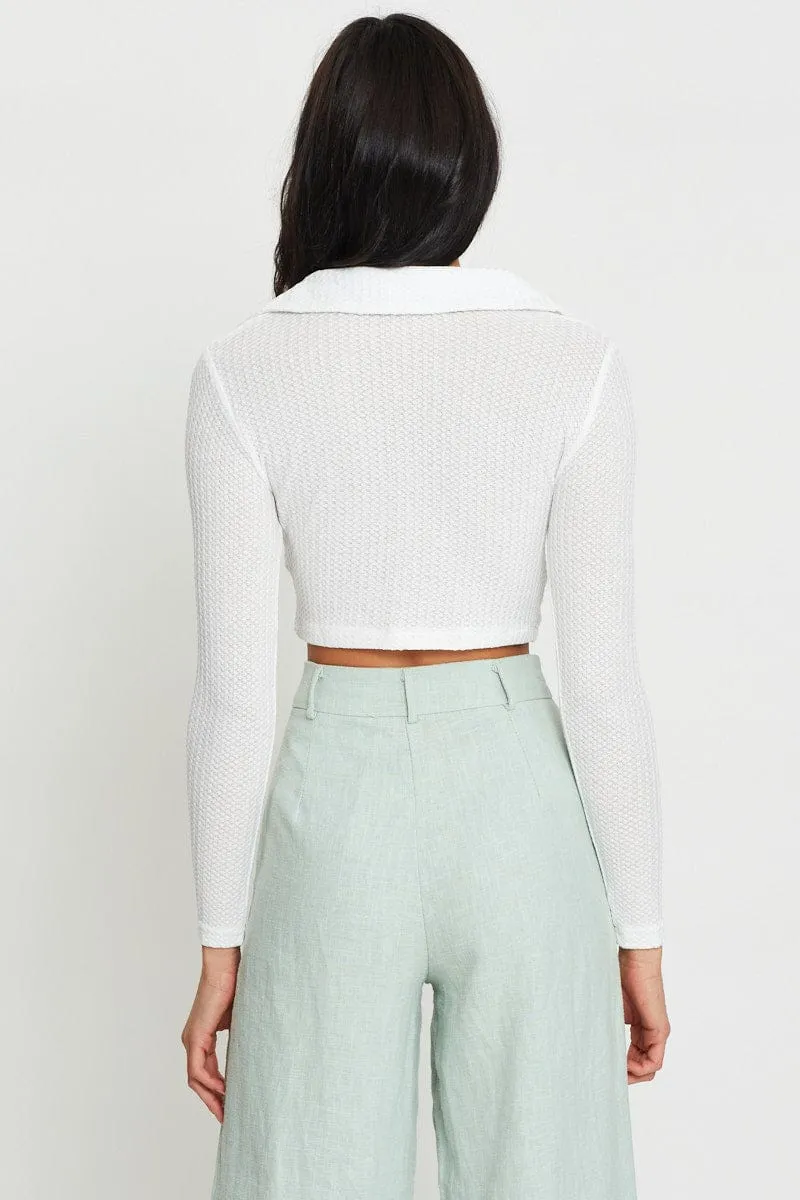 White Crop Top Long Sleeve Collared