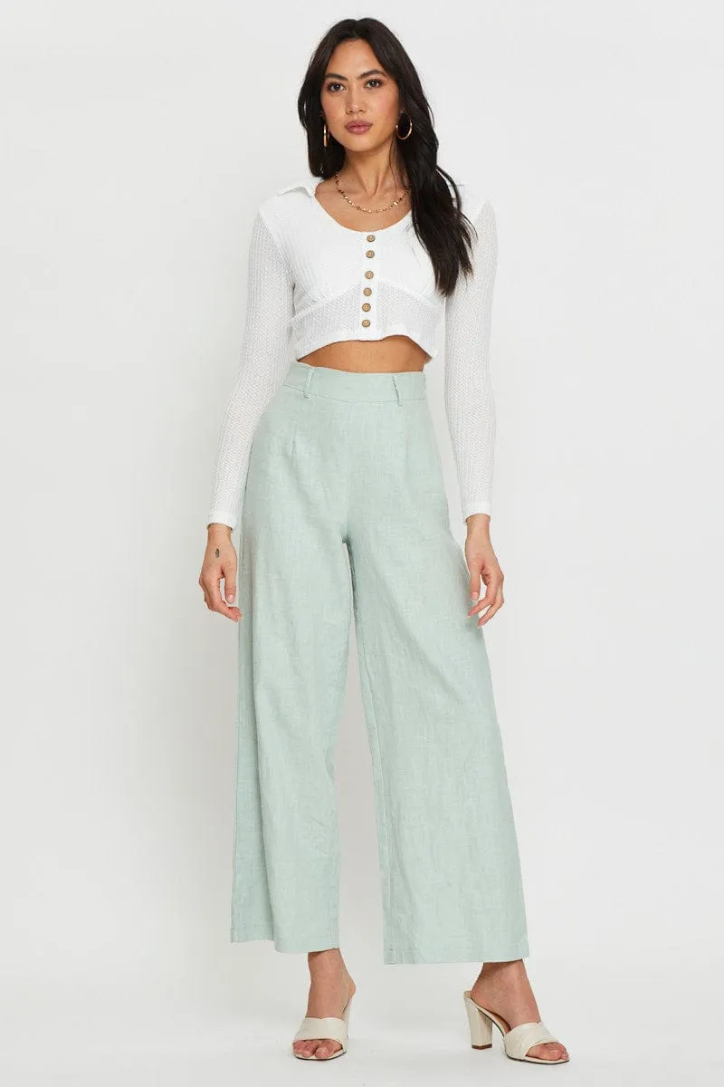 White Crop Top Long Sleeve Collared