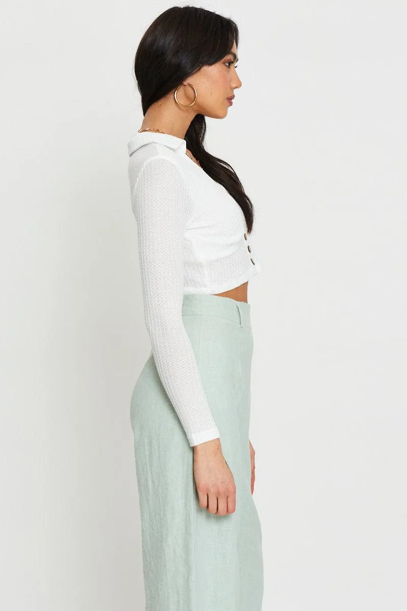 White Crop Top Long Sleeve Collared