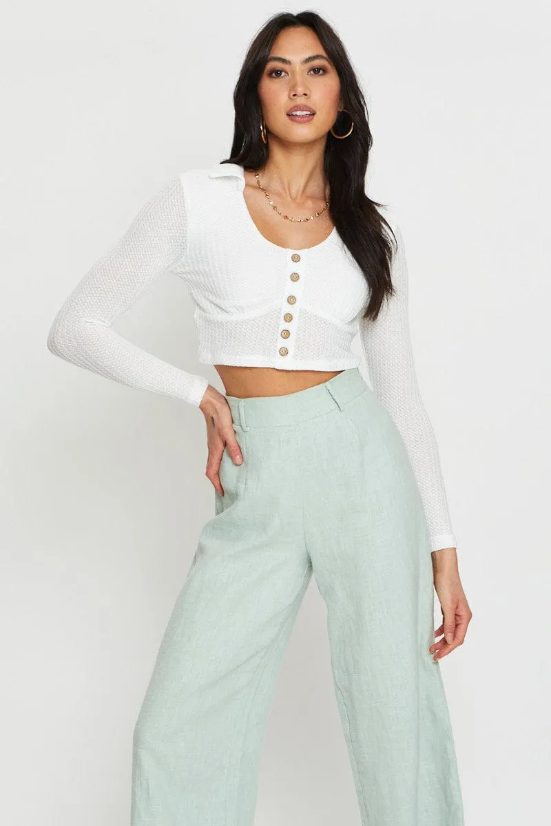 White Crop Top Long Sleeve Collared