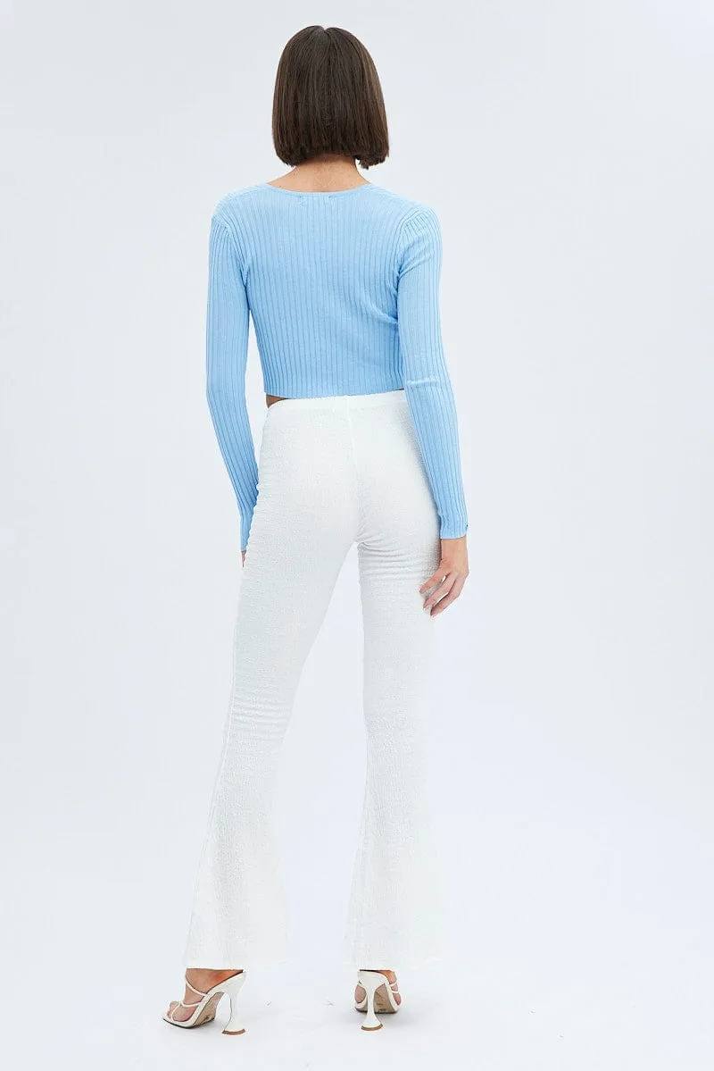 White Flare Leg Pants Textured Jersey