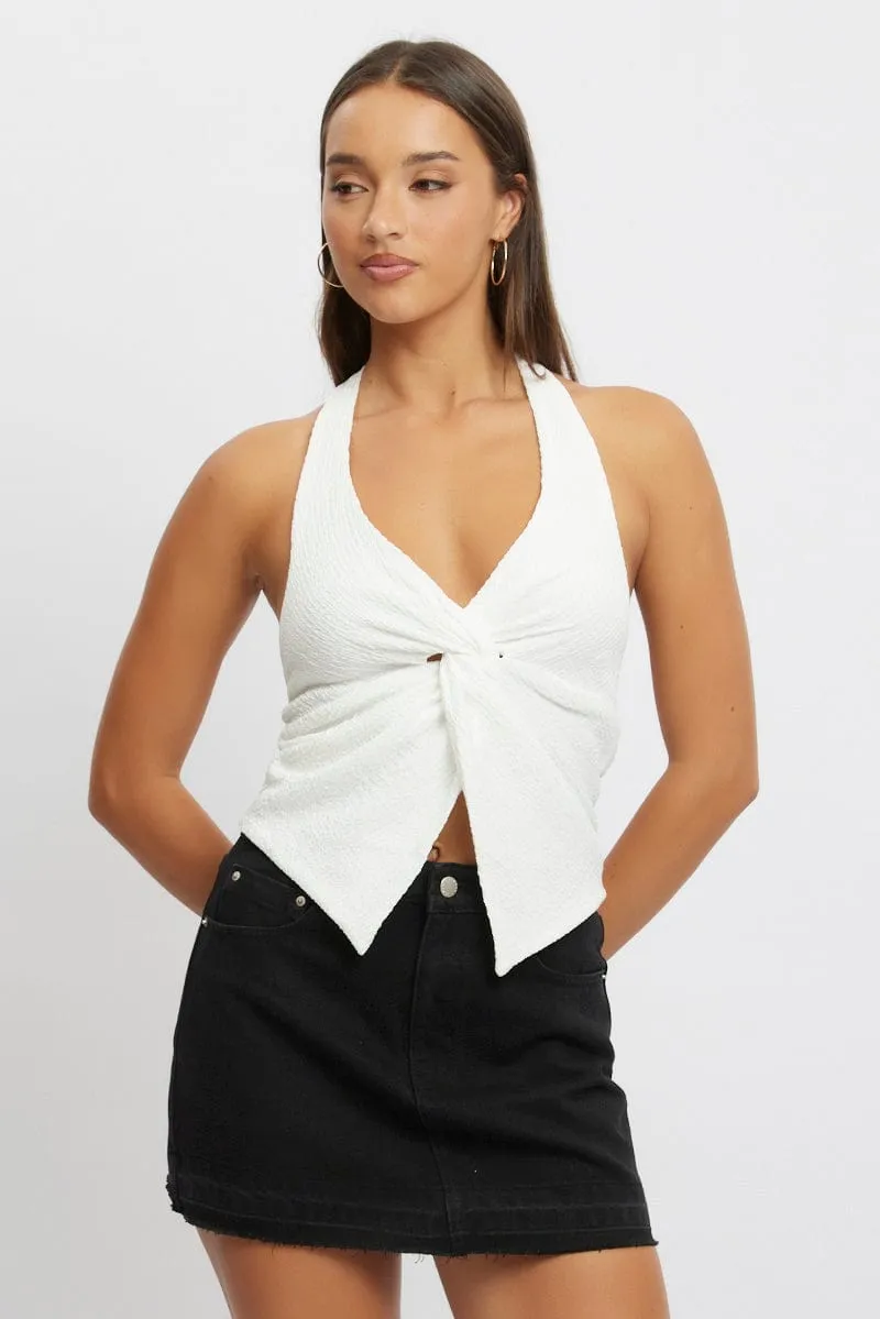 White Halter Neck Top Textured