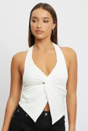 White Halter Neck Top Textured