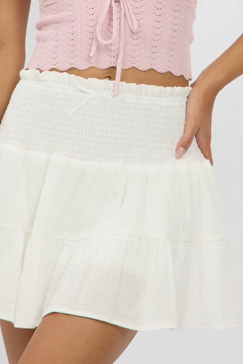 White Mini Skort Skirt Shirred Waist Cotton Textured Lined