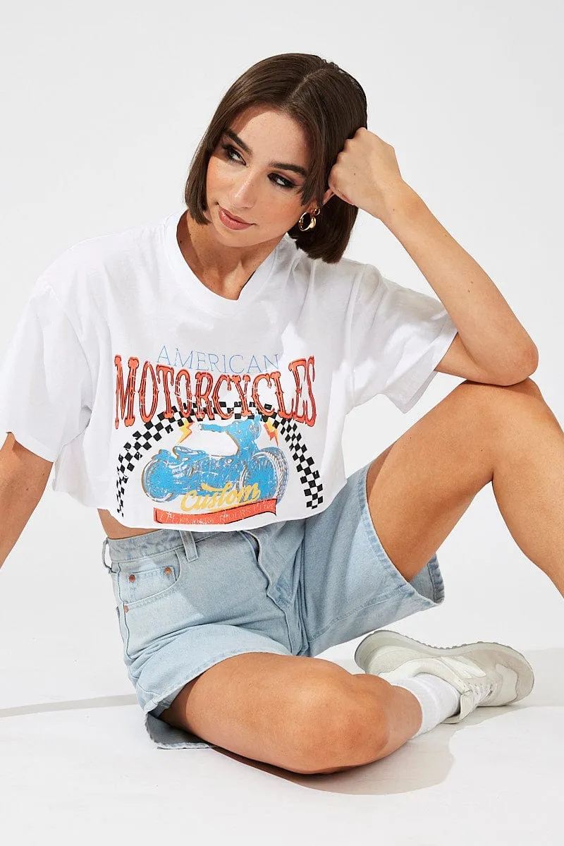 White Motocross Tee Biker Racing Graphic Crop T-Shirt