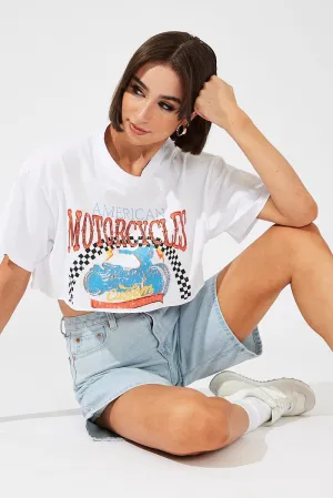 White Motocross Tee Biker Racing Graphic Crop T-Shirt